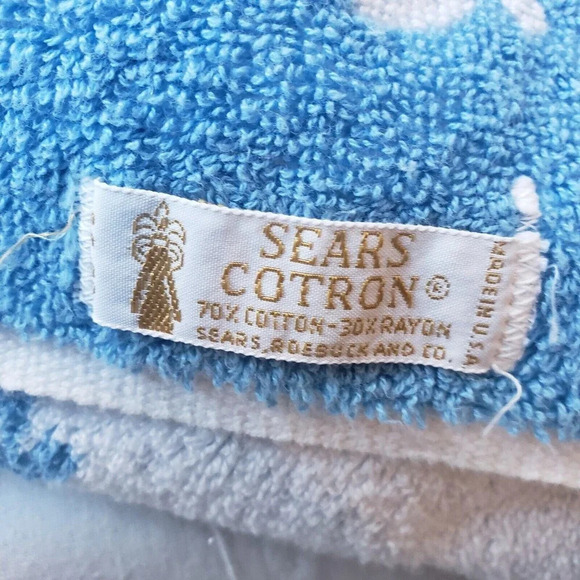 Vintage Sears Cotron Bath + Hand Towel Blue Flowers reversed Sculpted MCM Fringe - Picture 7 of 8